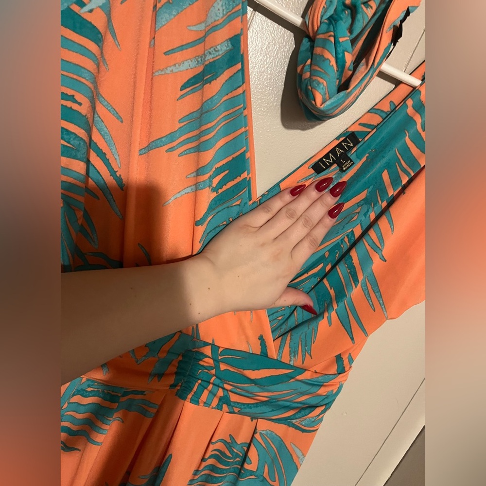 IMAN Orange and Teal Dress with Headband - Picture 2 of 5